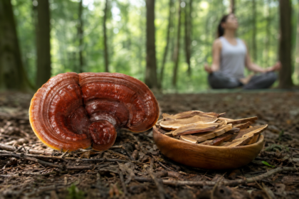 Ganoderma huby a prírodné liečivá v lesnom prostredí.