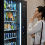 Žena premýšľa nad výberom nápoja z nápojového automatu