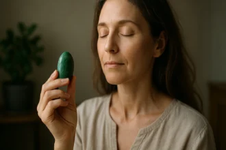 Žena s jadeitovým kameňom, podporujúca vnútorný pokoj a uzdravenie.