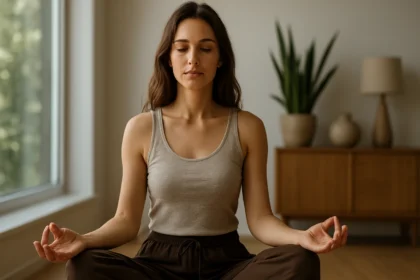 Žena v meditácii, symbolizujúca vnútornej harmónii a energický život.