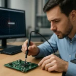 Technik pracuje na Hallovom senzore na doske plošného spájača.