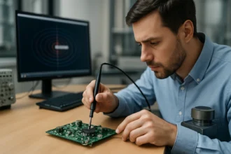 Technik pracuje na Hallovom senzore na doske plošného spájača.