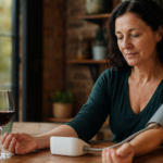 Žena merajúca krvný tlak s pohárom červeného vína vedľa seba.