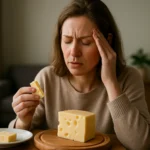 Žena s bolesťou hlavy, ktorú môže ovplyvniť konzumácia syra