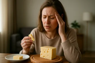 Žena s bolesťou hlavy, ktorú môže ovplyvniť konzumácia syra