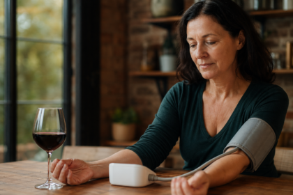 Žena merajúca krvný tlak s pohárom červeného vína vedľa seba.