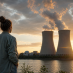 Žena sledujúca atómovú elektráreň pri západe slnka