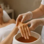 Žena prijímajúca parafínovú starostlivosť na rukách v salóne