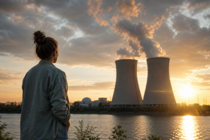 Žena sledujúca atómovú elektráreň pri západe slnka