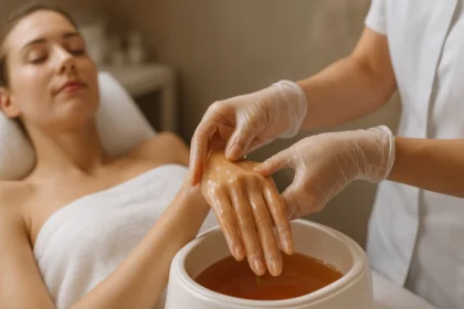 Žena prijímajúca parafínovú starostlivosť na rukách v salóne