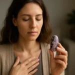 Žena drží rodonit, kameň lásky, a zamýšľa nad emocionálnym uzdravením.