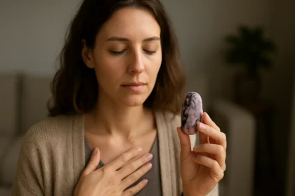 Žena drží rodonit, kameň lásky, a zamýšľa nad emocionálnym uzdravením.
