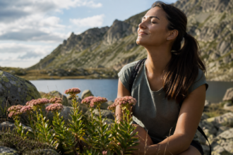 Žena s rozchodnicou ružovou na horskej lokalite pri jazere
