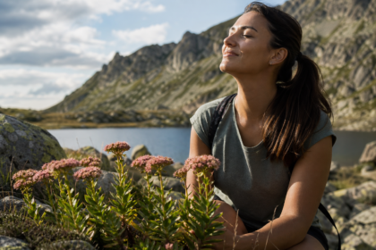 Žena s rozchodnicou ružovou na horskej lokalite pri jazere
