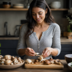 Žena čistí čerstvé huby v kuchyni na drevenej doske.