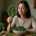 Žena skúma čerstvý kel v kuchyni