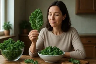 Žena skúma čerstvý kel v kuchyni