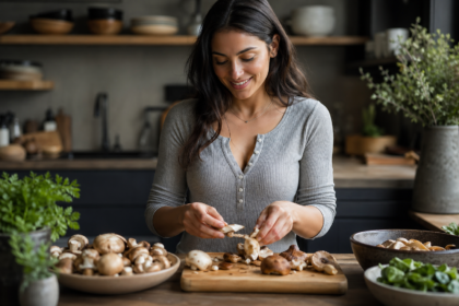 Žena čistí čerstvé huby v kuchyni na drevenej doske.