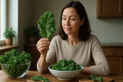 Žena skúma čerstvý kel v kuchyni