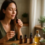 Žena si užíva vôňu éterických olejov v domácom prostredí.