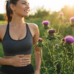 Žena s bruchom pri ostropestreci mariánskom v prírode