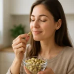 Žena vychutnáva pistácie zo sklenenej misy.