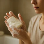 Žena umýva ruky s prírodným mydlom v kúpeľni.