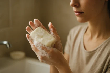 Žena umýva ruky s prírodným mydlom v kúpeľni.