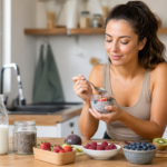 Mladá žena si vychutnáva misku chia semienok s ovocím a jogurtom