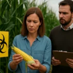 Žena a muž skúmajú geneticky modifikovanú kukuricu na poli.