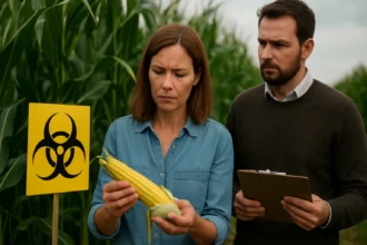 Žena a muž skúmajú geneticky modifikovanú kukuricu na poli.
