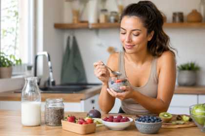 Mladá žena si vychutnáva misku chia semienok s ovocím a jogurtom