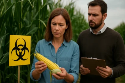 Žena a muž skúmajú geneticky modifikovanú kukuricu na poli.