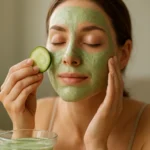 Žena s uhorkovou pleťovou maskou osviežuje tvár s plátkom uhorky.