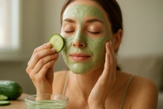 Žena s uhorkovou pleťovou maskou osviežuje tvár s plátkom uhorky.