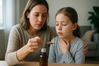 Matka podáva dieťaťu liek Augmentin Duo na kloktanie