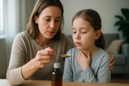 Matka podáva dieťaťu liek Augmentin Duo na kloktanie