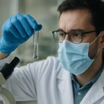 Vedec skúma strieborné ióny v laboratóriu pre zdravotné a environmentálne analýzy.