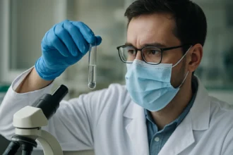 Vedec skúma strieborné ióny v laboratóriu pre zdravotné a environmentálne analýzy.