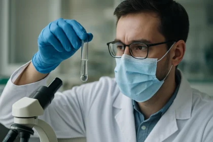 Vedec skúma strieborné ióny v laboratóriu pre zdravotné a environmentálne analýzy.