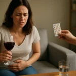 Žena pije červené víno a drží sa za brucho, trpí menštruačnými ťažkosťami.