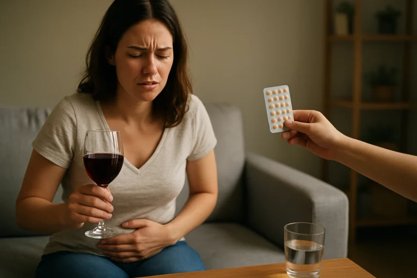 Žena pije červené víno a drží sa za brucho, trpí menštruačnými ťažkosťami.