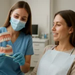 Zubná hygienička ukazuje pacientke model zubov v ordinácii.