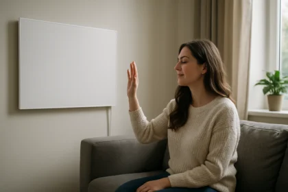 Žena vychutnáva teplo z infrapanelu v modernom interiéri.