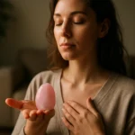 Žena s ružovým opálom hľadí do diaľky, symbolizujúca harmóniu a sebalásku.