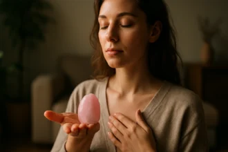 Žena s ružovým opálom hľadí do diaľky, symbolizujúca harmóniu a sebalásku.