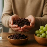 Osoba držiaca hrozienka s miskami hrozienok a hrozna vedľa.