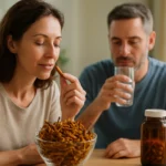 Žena a muž vychutnávajú čínsku húseničkovú hubu a jej benefity.