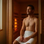 Muž relaxuje v infrasaune s jemným osvetlením.