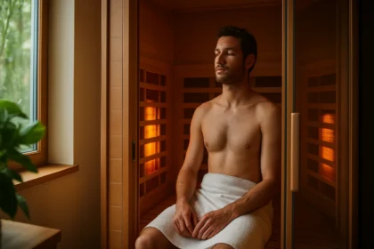 Muž relaxuje v infrasaune s jemným osvetlením.